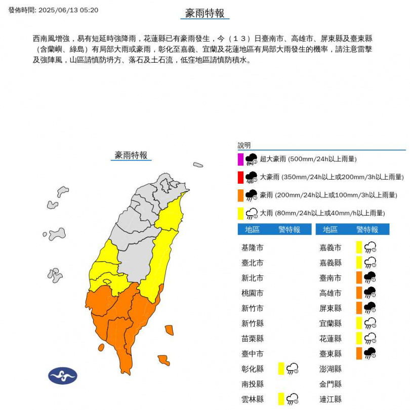 10縣市豪雨特報。（圖／氣象署）