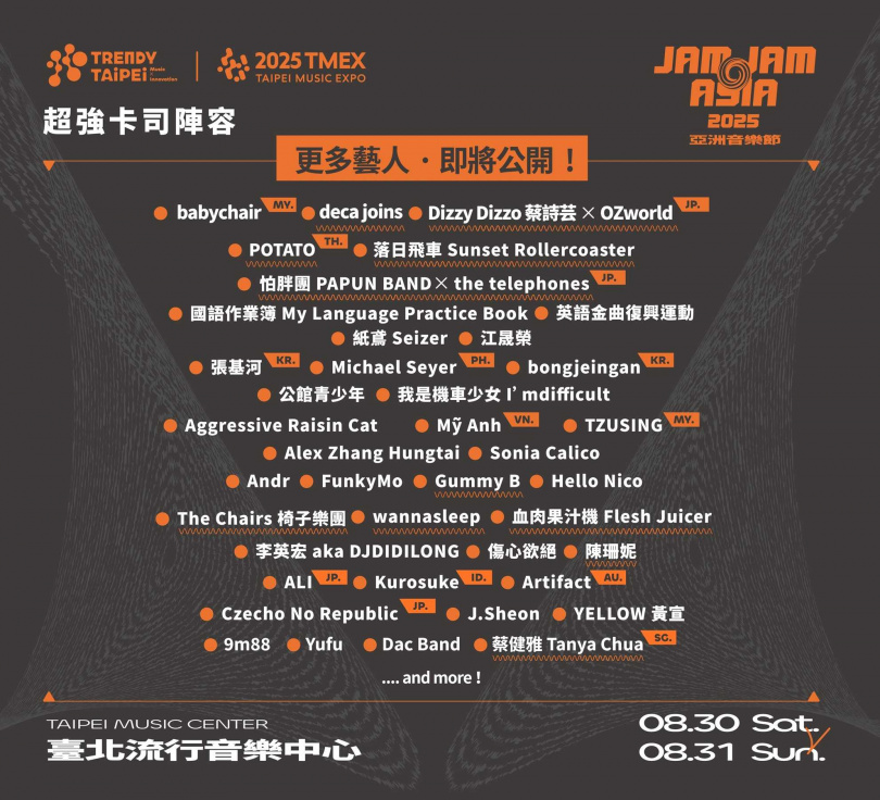 JAM JAM ASIA亞洲音樂節卡司名單。(圖/臺北流行音樂中心提供)