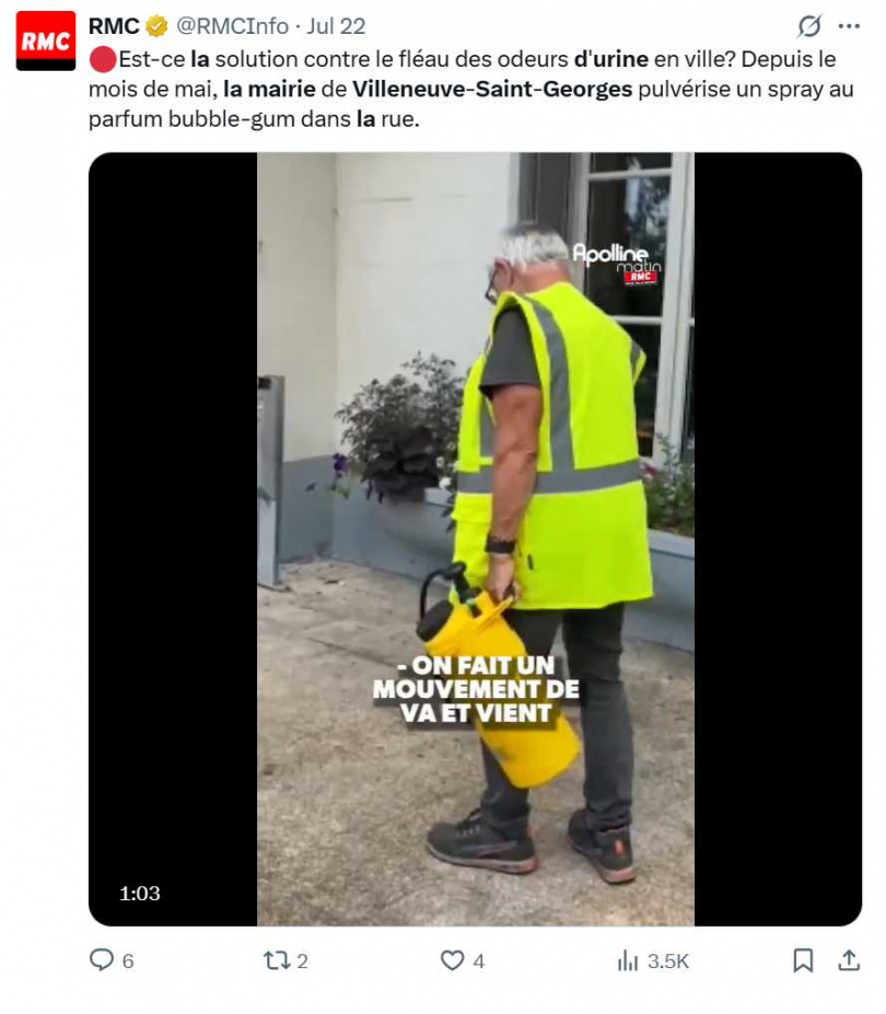 巴黎南郊維勒納夫聖喬治市在街道清潔劑中添加草莓香味，以掩蓋尿騷味。（圖／翻攝自X）