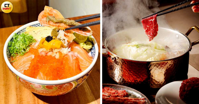 「春大直」有許多高價位餐點，生意卻都相當好。左圖為「瞞著爹」松葉蟹鮭親丼860元，右圖為牛琅溫體牛火鍋人均消費要2000元起跳。（圖／翻攝自春大直、瞞著爹西門壽司丼臉書）