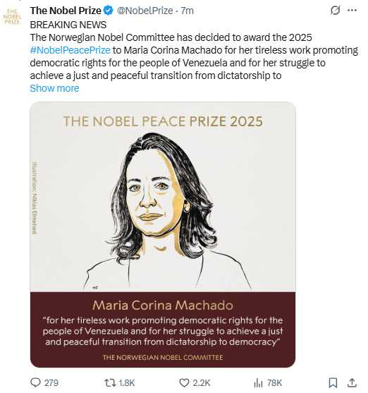 瑪麗亞・科里納・馬查多（Maria Corina Machado）獲頒2025年諾貝爾和平獎，表彰其多年來推動委內瑞拉民主與人權。（圖／翻攝自X，The Nobel Prize）