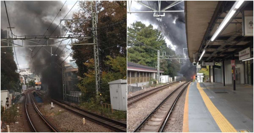 京王「井之頭線」吉祥寺站與井之頭公園站之間沿線發生火災。（合成圖／翻攝自X平台／@Gt8VUlzRG7buafO）