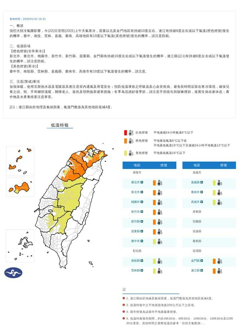 橙色與黃色燈號警示多縣市將受寒流衝擊，氣象署提醒民眾加強保暖措施。 （圖／中央氣象署）