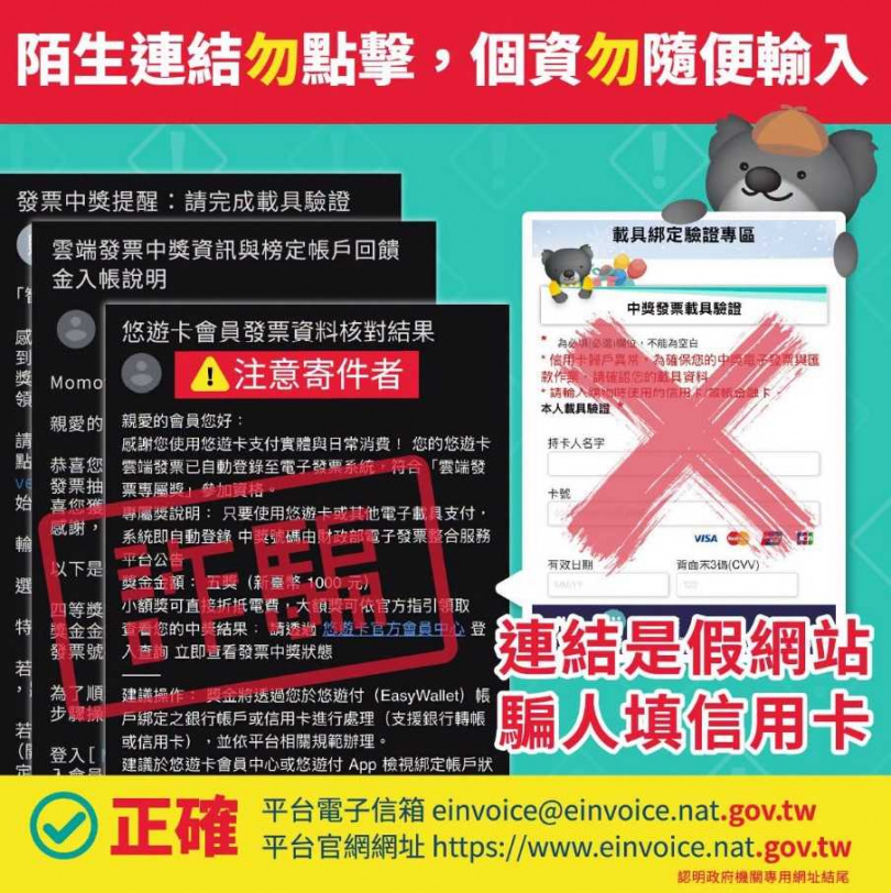 財政部日前也呼籲民眾,平台不會要求輸入信用卡資訊,若收到可疑訊息,務必提高警覺,勿點不明連結和輸入重要個資。(圖/翻攝自財政部臉書)