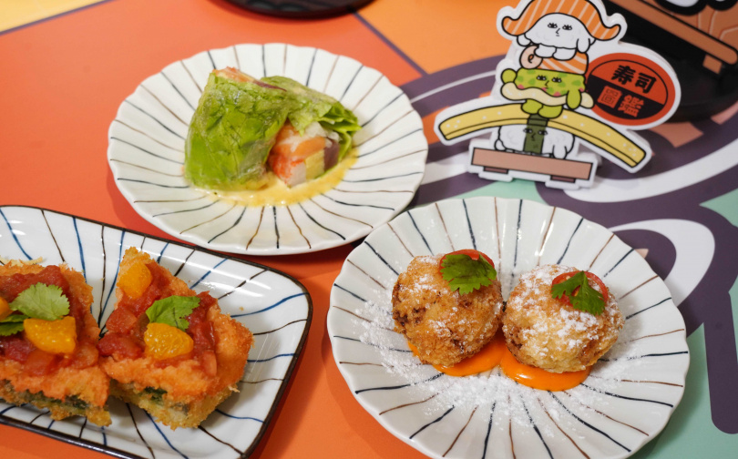 春季新品「爆汁櫛瓜拿破崙」（左起順時針，80元）、「芥末胡麻海鮮卷」（100元）、「嘎嘣脆辣肉球」。（80元，圖／魏妤靜攝）