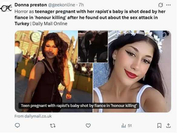 18歲少女歐亞布達克（Oya Budak）於伊斯坦堡遭前未婚夫槍殺身亡，震驚當地社會。（圖／翻攝自土X）