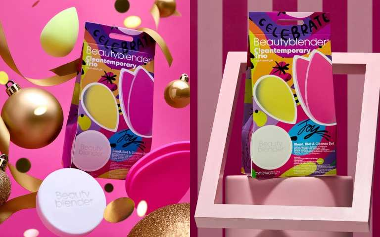 外包裝有如驚喜的派對禮盒，讓你送出手超有面子。Beautyblender 原創美妝蛋-節慶無瑕美肌三件組（內含原創美妝蛋、吸油粉撲×2、清潔皂）／1,090元。（圖／品牌提供）