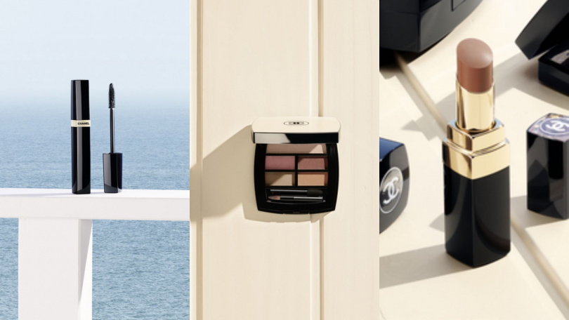 香奈兒時尚裸光立體眼彩盤 2,850元、原生修護精準睫毛膏 1,680元、COCO晶亮水唇膏 1,700元、時尚釉光指甲油 1,170元（圖／品牌提供）