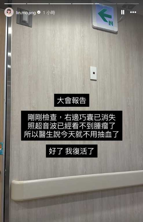 林茉晶開心透露,目前超音波已經照不到右側卵巢的巧克力囊腫。(圖/翻攝自林茉晶IG)