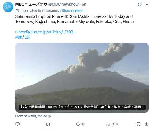 日本鹿兒島縣櫻島火山25日下午發生爆炸性噴發,火山灰煙柱升至火山口上方約1000公尺。(圖/翻攝自X,@MBC_newsnow)