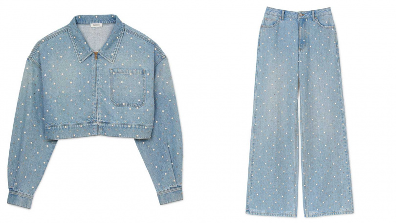 水鑽珍珠牛仔外套／14,290元，水鑽珍珠牛仔褲／12,090元（圖／品牌提供）
