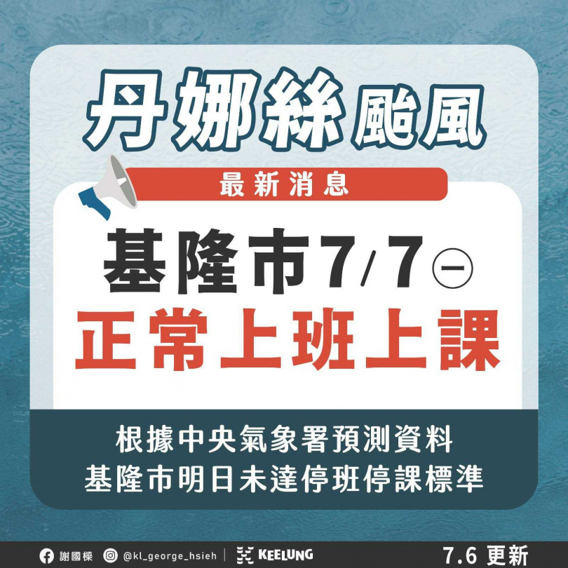 謝國樑表示，基隆市周一正常上班、上課。（圖／翻攝自謝國樑臉書）