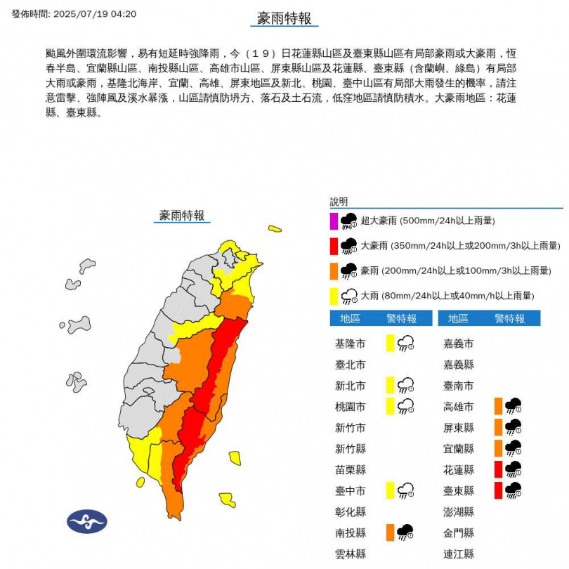 10縣市豪雨特報。（圖／氣象署）