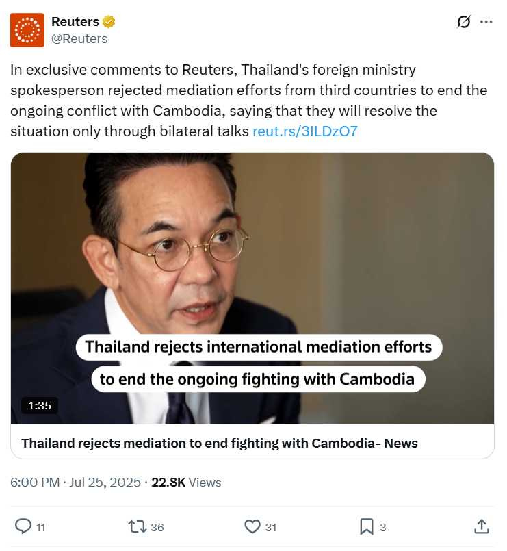 泰國外交部發言人尼孔德表示，泰方態度軟化，願意與柬方透過外交談判，甚至接受馬來西亞協助。（圖／翻攝自X）