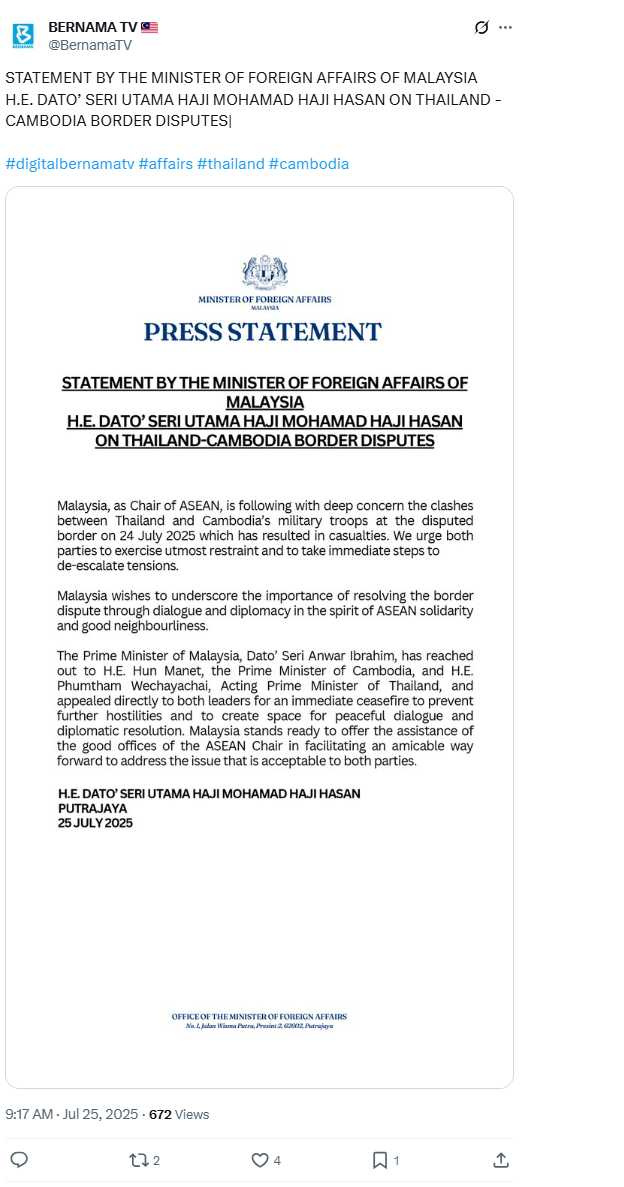 馬來西亞總理安華呼籲泰柬立即停火，並提出東協居中調停方案。（圖／翻攝自X）