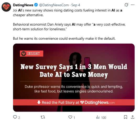 隨著通膨壓力加大，不少人表示對約會開銷感到焦慮。（圖／翻攝自X， @DatingNewsCom）