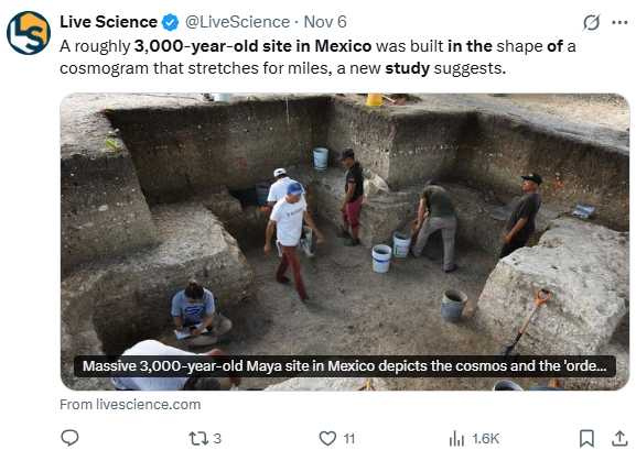 研究團隊運用光學雷達（LiDAR）技術掃描後揭露阿瓜達菲尼克斯（Aguada Fénix）遺址的完整輪廓，顯示其以東西與南北軸線構成十字形宇宙圖樣。（圖／翻攝自X，@LiveScience）