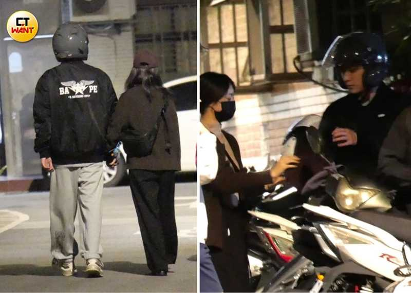 本刊直擊林毓家與許莉廷甜蜜牽手出門購物，接著騎著機車消失在車陣中。（圖／本刊攝影組）