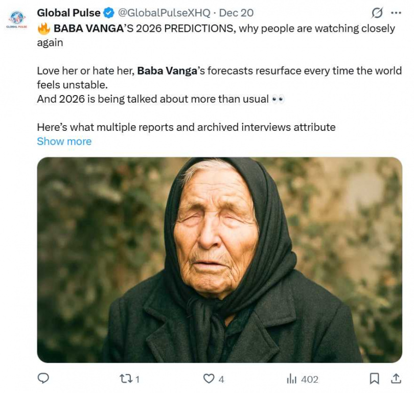 保加利亞盲眼預言家巴巴萬加（Baba Vanga）留下大量關於未來的預測，至今仍引發全球關注與解讀。（圖／翻攝自X，@GlobalPulseXHQ）
