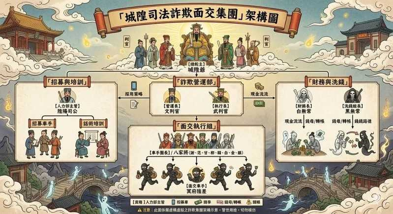 竹聯幫地虎堂呂金霖犯罪集團成員使用城隍、三國人物為暱稱，進行分工，圖為幫派職稱分工表。（圖／刑事局提供）