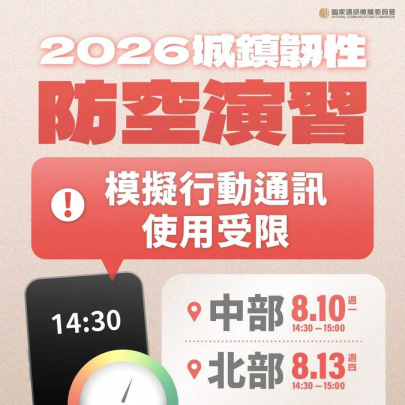 配合2026城鎮韌性演習，部分縣市將進行行動網路受阻演練，語音通話及簡訊仍可正常使用。（圖／NCC，下同）
