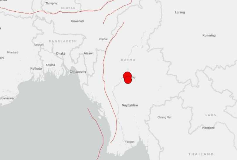 依「美國地質調查局」(USGS)資料顯示,緬甸今下午先後發生規模7.7強震和規模6.4地震,震央位於實皆(Sagaing)南方18公里處。(圖/翻攝自USGS)