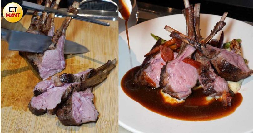 「紐西蘭小牛帶骨肋排」會於桌邊分切，並搭配馬鈴薯泥、陳醋香炒時蔬及風乾塞拉諾火腿脆片。（單點3,680元、雙人套餐6,680元，圖／魏妤靜攝）