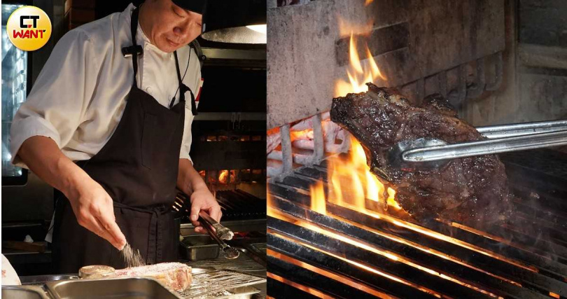 主廚劉建志Jarry（左）喜歡翻玩炭火與煙燻的迷人風味，首次於 WILDWOOD 使用的美國荷斯登乳牛肋眼在烤製時間與厚度上都堅守一定規範。（圖／魏妤靜攝）