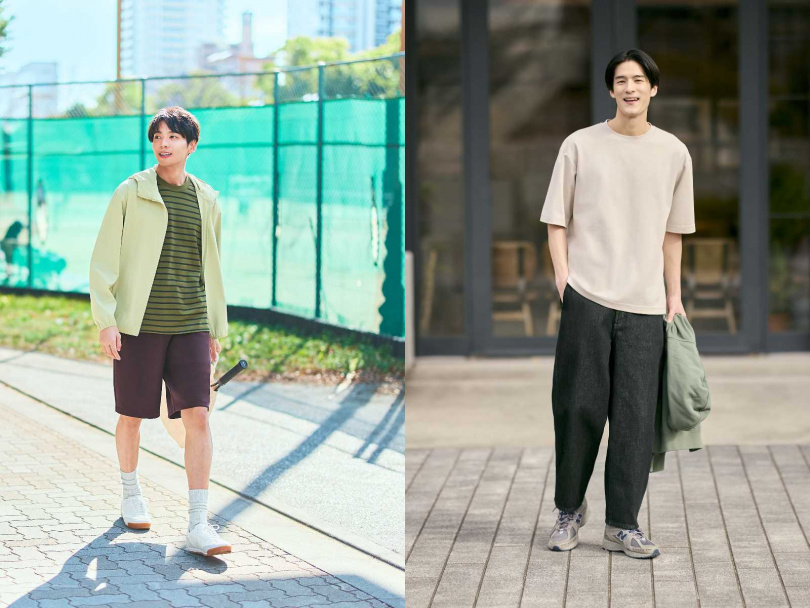 （左）男裝 可攜式防曬連帽外套／原價1,290元、 限定優惠價990元，（右）寬版錐形牛仔褲／原價1,290元、限定優惠價990元（圖／品牌提供）