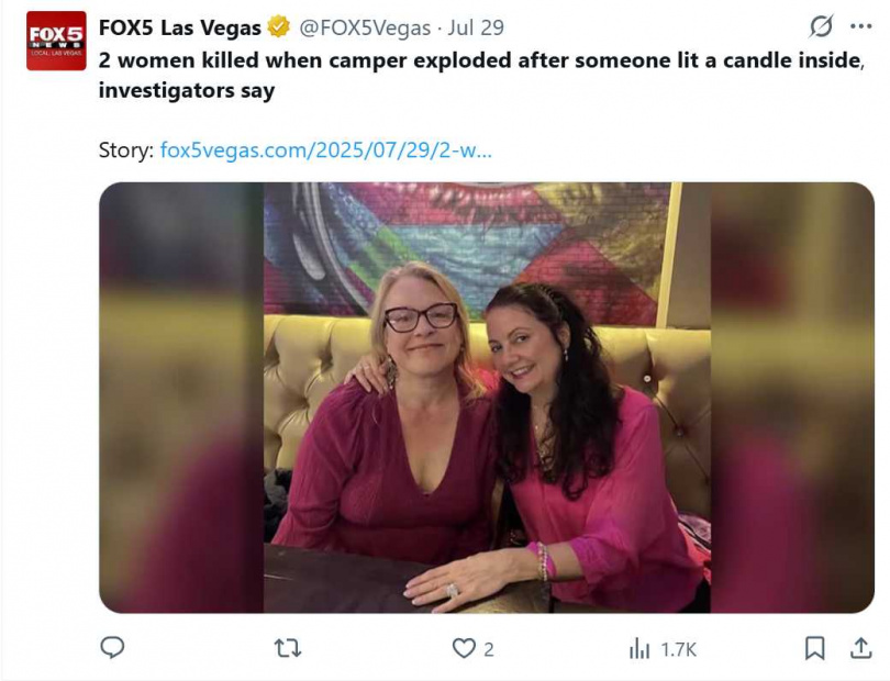 美國緬因州奧爾德奧徹德比奇「Powder Horn家庭露營度假村」發生露營車爆炸,造成兩名麻州女子死亡。(圖/翻攝自X,@FOX5Vegas)