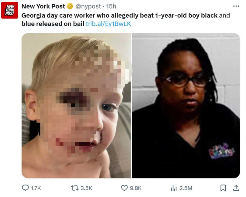 涉案托育員工伊薇特瑟斯頓(Yvette Thurston)遭控對1歲男童施暴,已交保候傳。(圖/翻攝自X, @nypost )