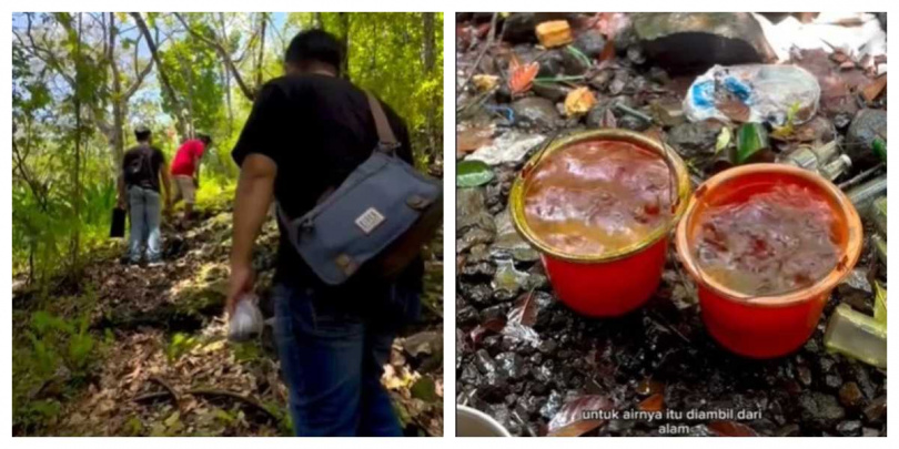 洞內堆滿用來儲存雨水的瓶罐與水桶，成為蘇達爾馬吉日常生活水源。（圖／翻攝自TikTok，@doraemonjowo05）