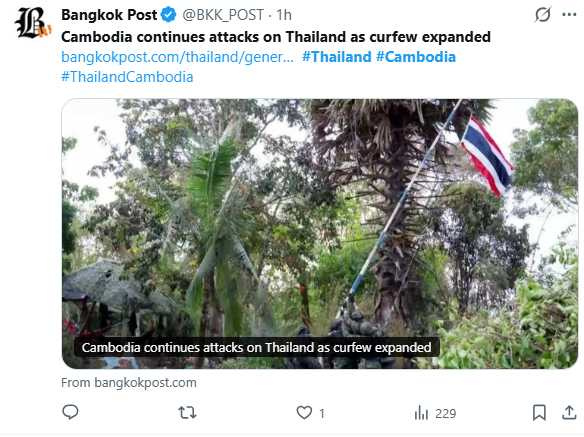 泰國與柬埔寨邊境局勢升溫，雙方交火延燒至多個省分，泰方已展開地面與海上反制行動。（圖／翻攝自X，@BKK_POST）