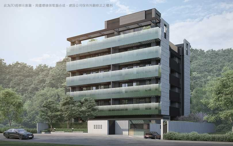 「展宜本植」建築外觀3D透視參考示意圖。(周遭環境係電腦合成，建設公司保有建物外觀修正之權利)（圖片提供／展宜本植）