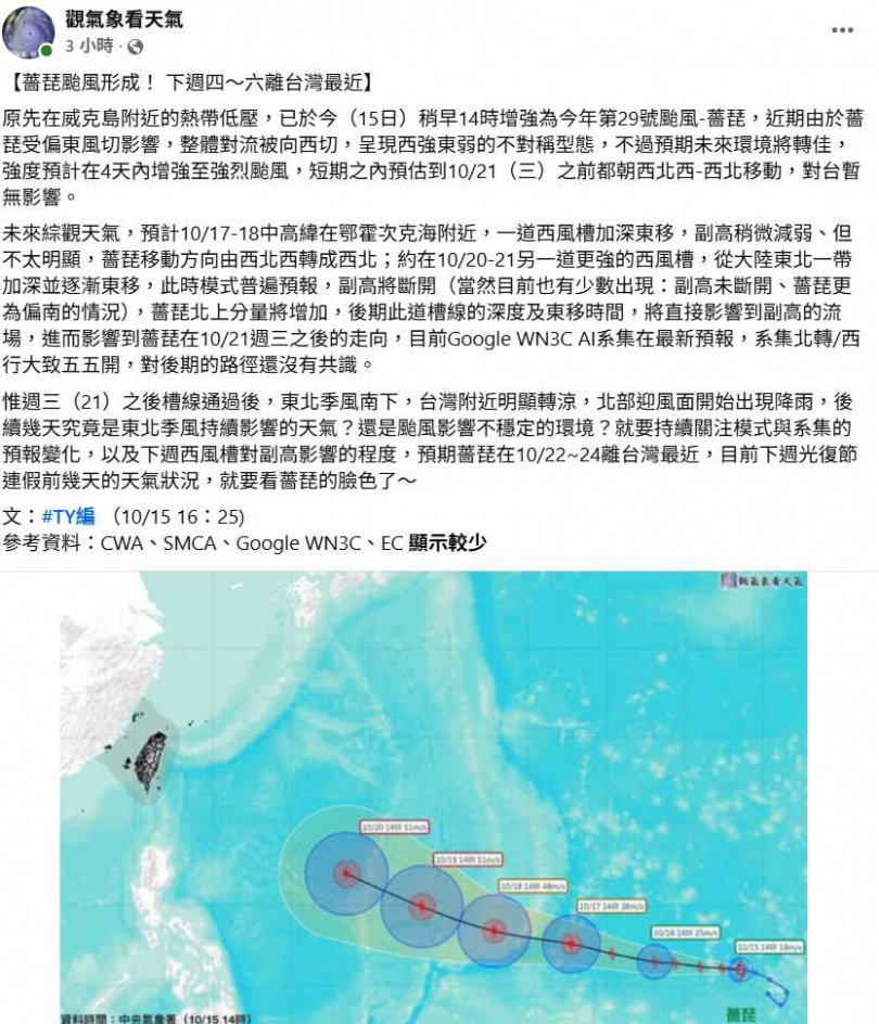 薔琵預計下週四至週六最接近台灣,但後續路徑仍有分歧,是否影響台灣尚待觀察。(圖/翻攝自臉書,觀氣象看天氣)