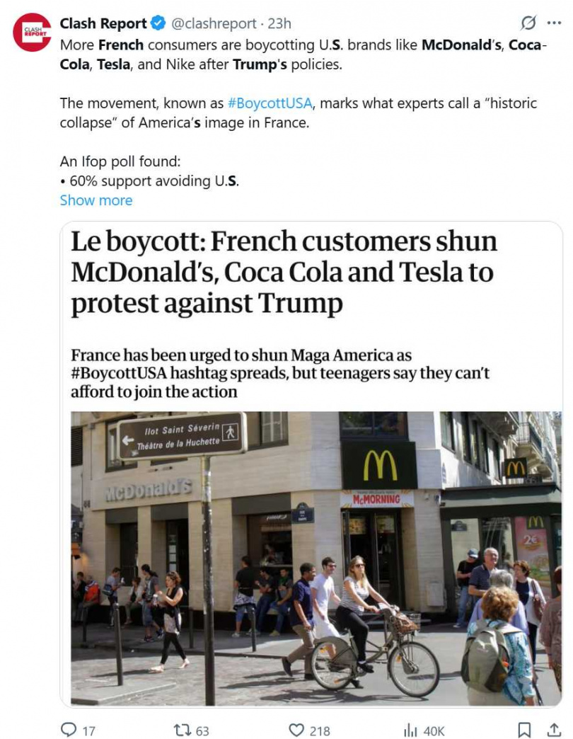 法國民眾展開抵制美國活動，但實際上似乎有落差。（圖／翻攝自X）