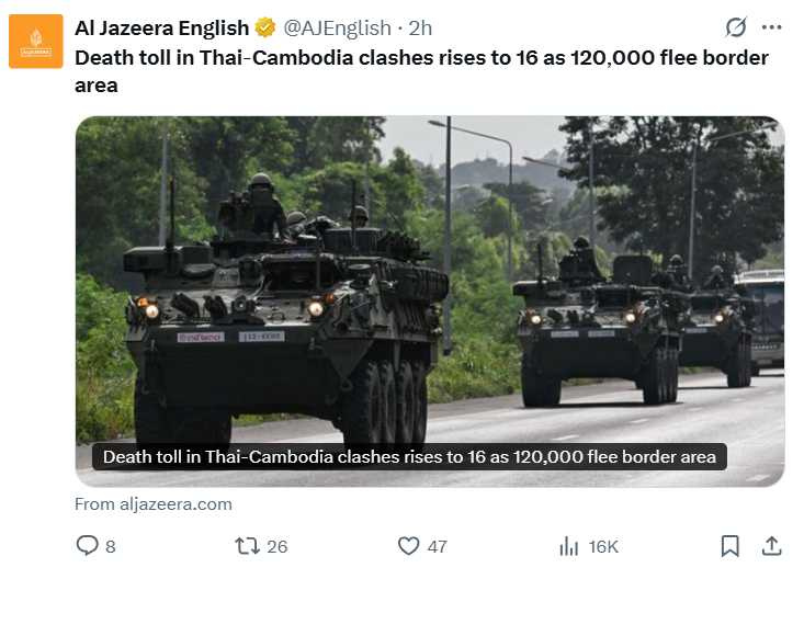 泰國軍方調動坦克與F-16戰機，並增派火砲至前線，警告若局勢升級將全面應對。（圖／翻攝自X）