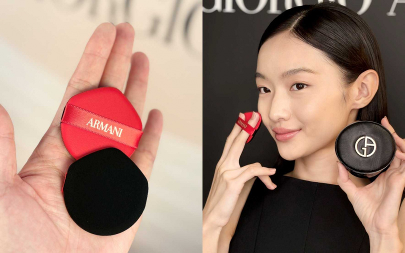 紅色斜角粉撲是能精準抓粉的細膩絲絨表面，獨特尖端設計剛好能照顧到鼻翼、眼角，妝效零死角又不費力。（圖／吳雅鈴攝）