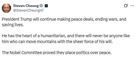 史蒂芬·張發聲批評諾貝爾委員會將政治凌駕和平。(圖/翻攝自X,Steven Cheung)