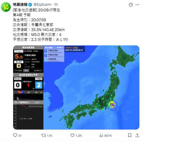 此次地震最大震度達4，千葉縣大網白里市為震央所在地，當地有明顯搖晃感。（圖／翻攝自X，@EqAlarm）