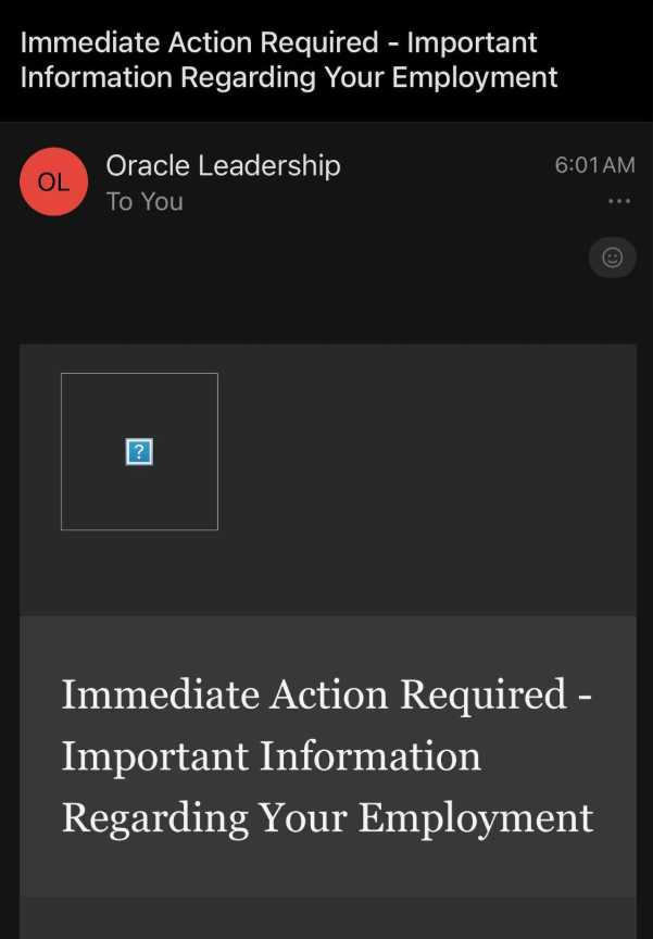 甲骨文清晨6點收到裁員通知。（圖／翻攝自Reddit／@CosmicRays0311）