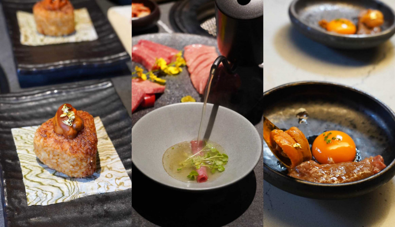 點綴馬糞海膽的「磯雪昆布雲丹本丸」（左起，每人加價399元）、以馬告鹽提味搭配生牛肉片的「和牛澄清湯」、「日本和牛神聖｜雲丹｜月見」。（圖／魏妤靜攝）