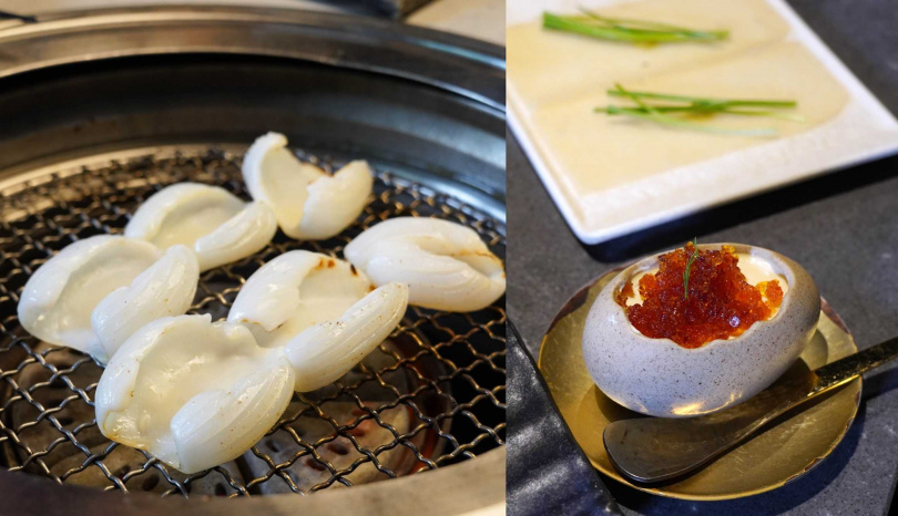 「日本巨型紋甲烏賊」（左）鮮甜Q彈，套餐加價79元可品嘗帶酒香的「大人風味｜自家產焦糖布丁」。（圖／魏妤靜攝）