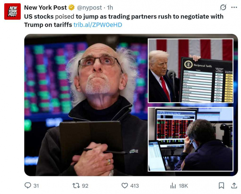 美股開盤後全面大漲，主因是美國財政部長貝森特試圖說服川普，將重心轉為以談判換取有利的貿易交易，避免股市面臨崩盤。（圖／翻攝自X）