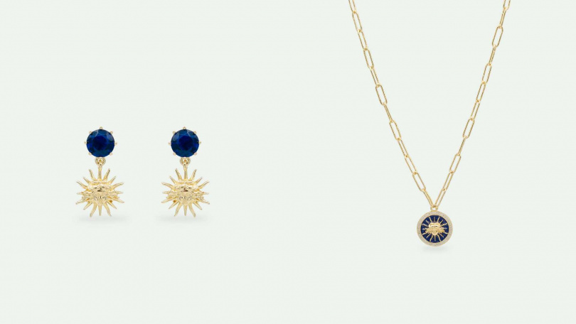 左：Les Néréides小小凡爾賽-太陽王與藍色切割水晶耳環 ／4,000元；右：藍色太陽王項鍊 ／9,800元（圖／品牌提供）