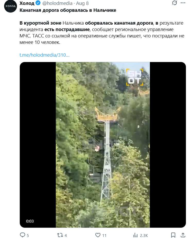 納爾奇克山區熱門景點纜車疑因纜繩老化斷裂，多人受傷送醫，當局正全面調查事故原因與安全隱患。（圖／翻攝自X）