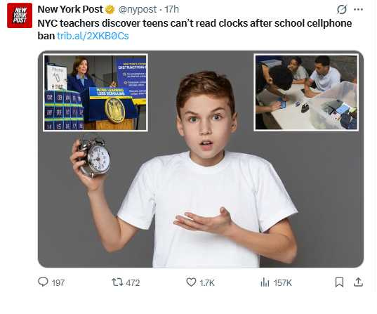 紐約州自2025至2026學年起實施校園手機禁令，教育人員指出，禁令有助學生專注學習，但也意外凸顯部分基礎能力的缺口。（圖／翻攝自X，@nypost）&nbsp;&nbsp;