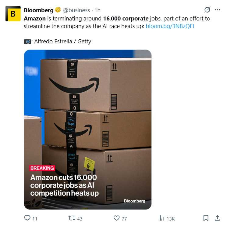 亞馬遜近年多次實施裁員計畫，部分地區員工與工會表達不滿與擔憂。（圖／翻攝自X，@business）