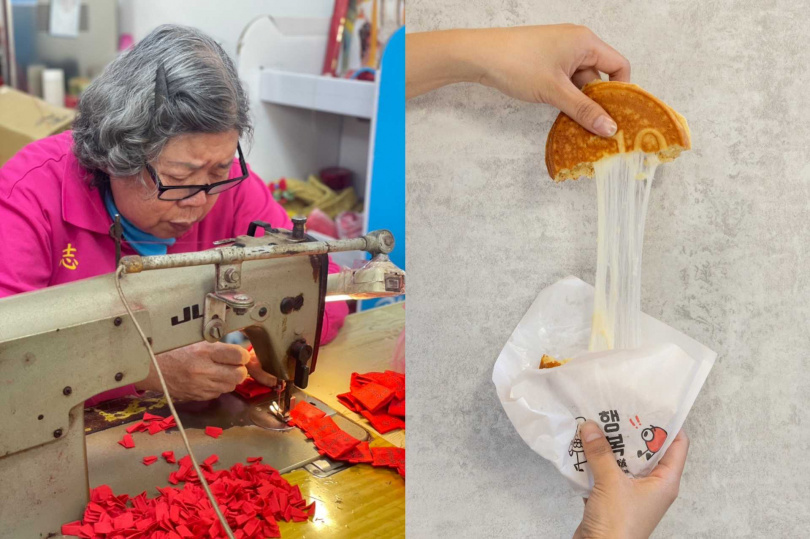 北港朝天宮千歲女團親手製作開運平安符（左），註冊這一鍋餐飲集團APP的人可獲得如韓啵「牽絲起司金幣燒」等菜品兌換券。（圖／這一鍋餐飲集團提供、楊澍攝）
