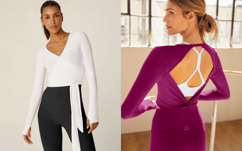 BEYOND YOGA Featherweight交疊綁帶修身罩衫-雲朵白／4,080元、Featherweight紐結開背長袖上衣-洋紅／3,980元（圖／品牌提供）